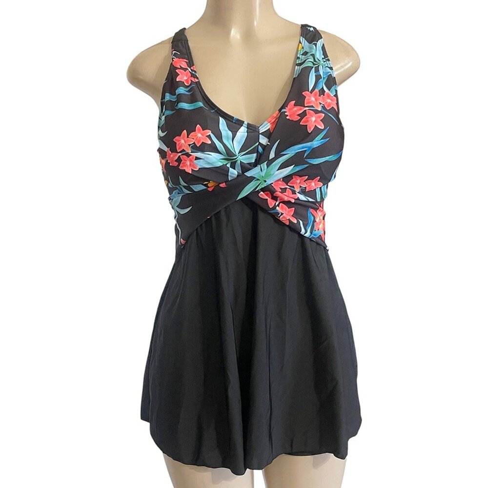 Tie Back Plus Size 2XL Twist Front Tankini Swimsuit Floral V Neck Black Shorts